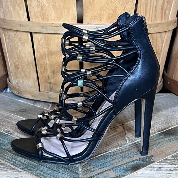 Aldo Peterbell Black Leather Gold Strappy Gladiator Open Toe Heels Womens 6.5 - Picture 3 of 14